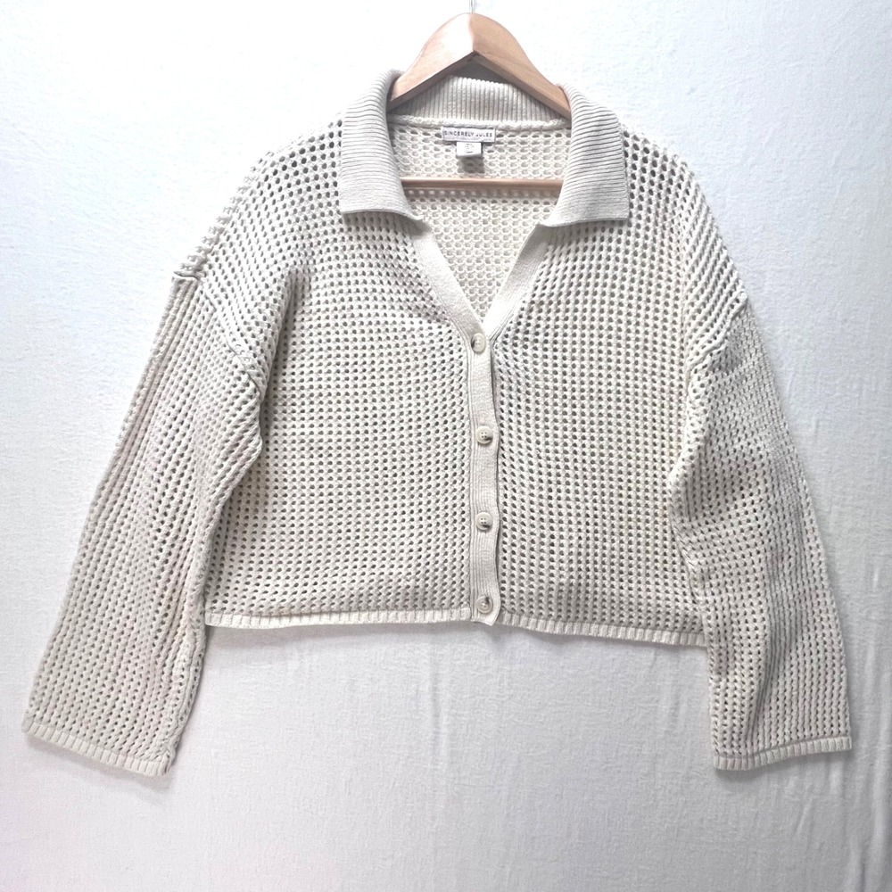 Sincerely Jules Knit Cropped Cardigan Sweater Collar Buttons Cream‎ Size L